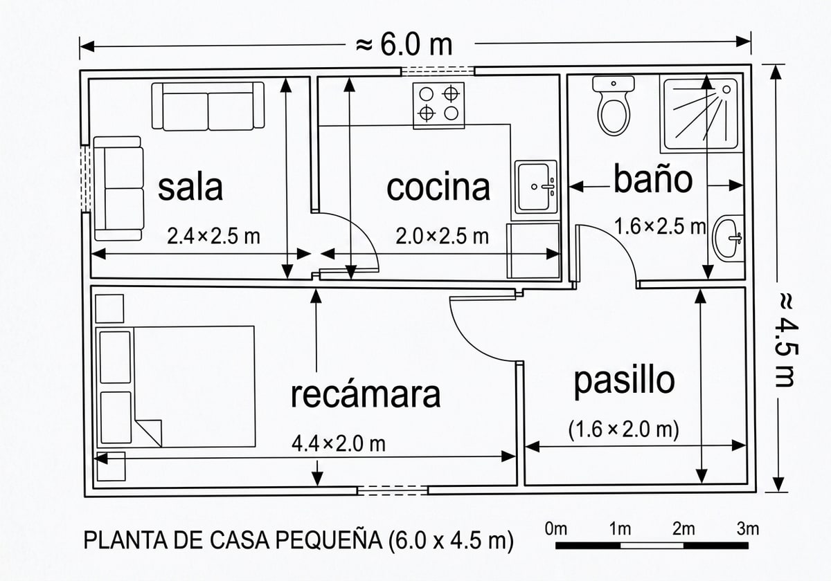 Plano generado por IA: planta 6.0 × 4.5 m con sala, cocina, baño, recámara y pasillo